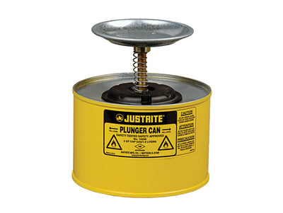 Justrite Plunger Dispensing Can - 2 Quart - Perforated Pan Screen Serves As Flame Arrester - Steel - Yellow - 10218