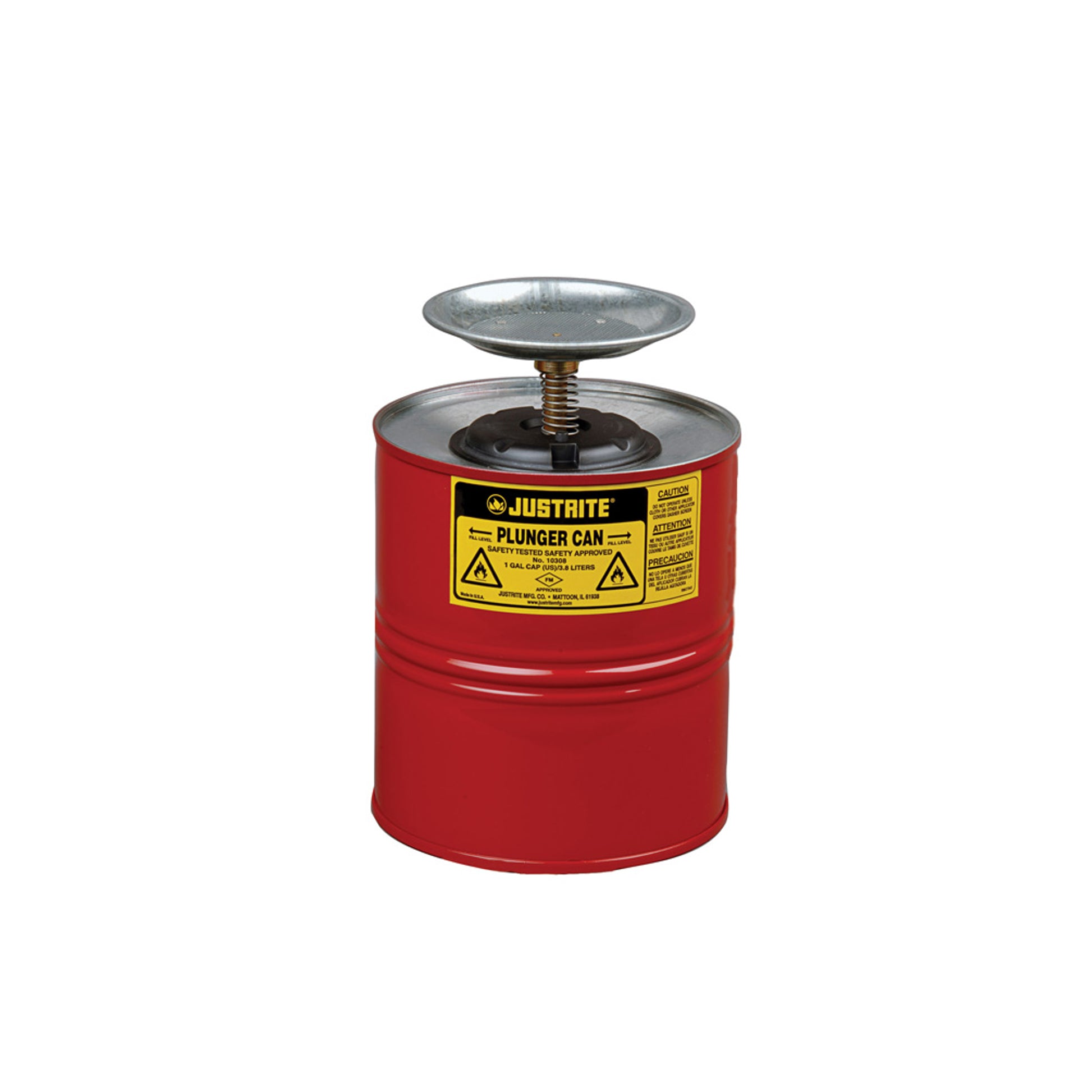 Justrite Plunger Dispensing Can - 1 Gallon - Perforated Pan Screen Serves As Flame Arrester - Steel - Red - 10308