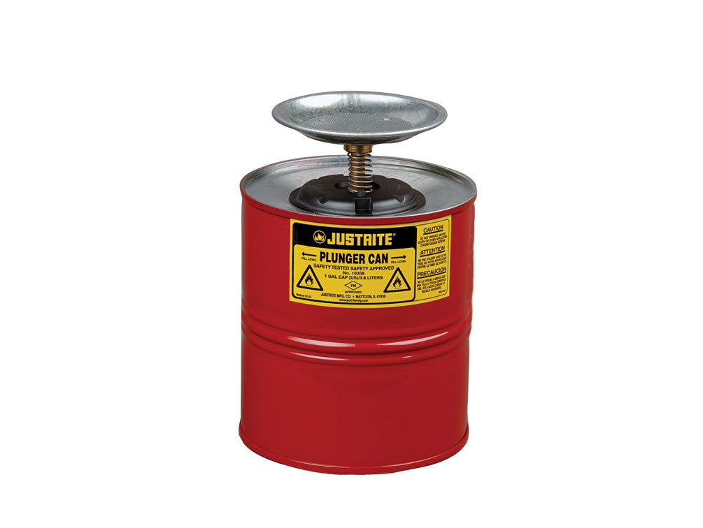 Justrite Plunger Dispensing Can - 1 Gallon - Perforated Pan Screen Serves As Flame Arrester - Steel - Red - 10308