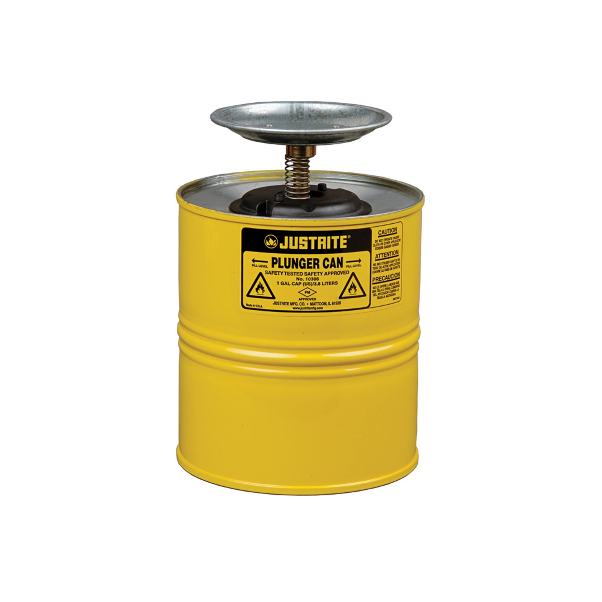 Justrite Plunger Dispensing Can - 1 Gallon - Perforated Pan Screen Serves As Flame Arrester - Steel - Yellow - 10318