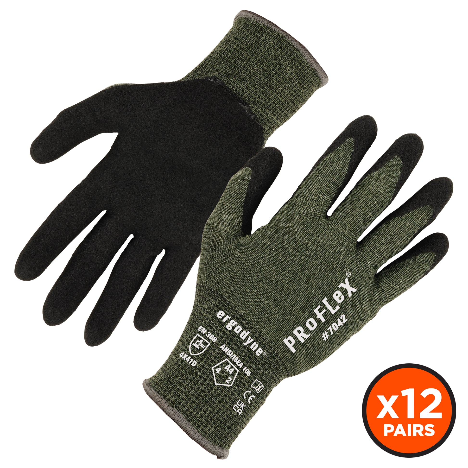 Ergodyne ProFlex 7042 Nitrile Coated Cut-Resistant Gloves - ANSI/ISEA 105-2016 A4, EN 388: 4X41D, 18g, Heat Resistant - 12-pair