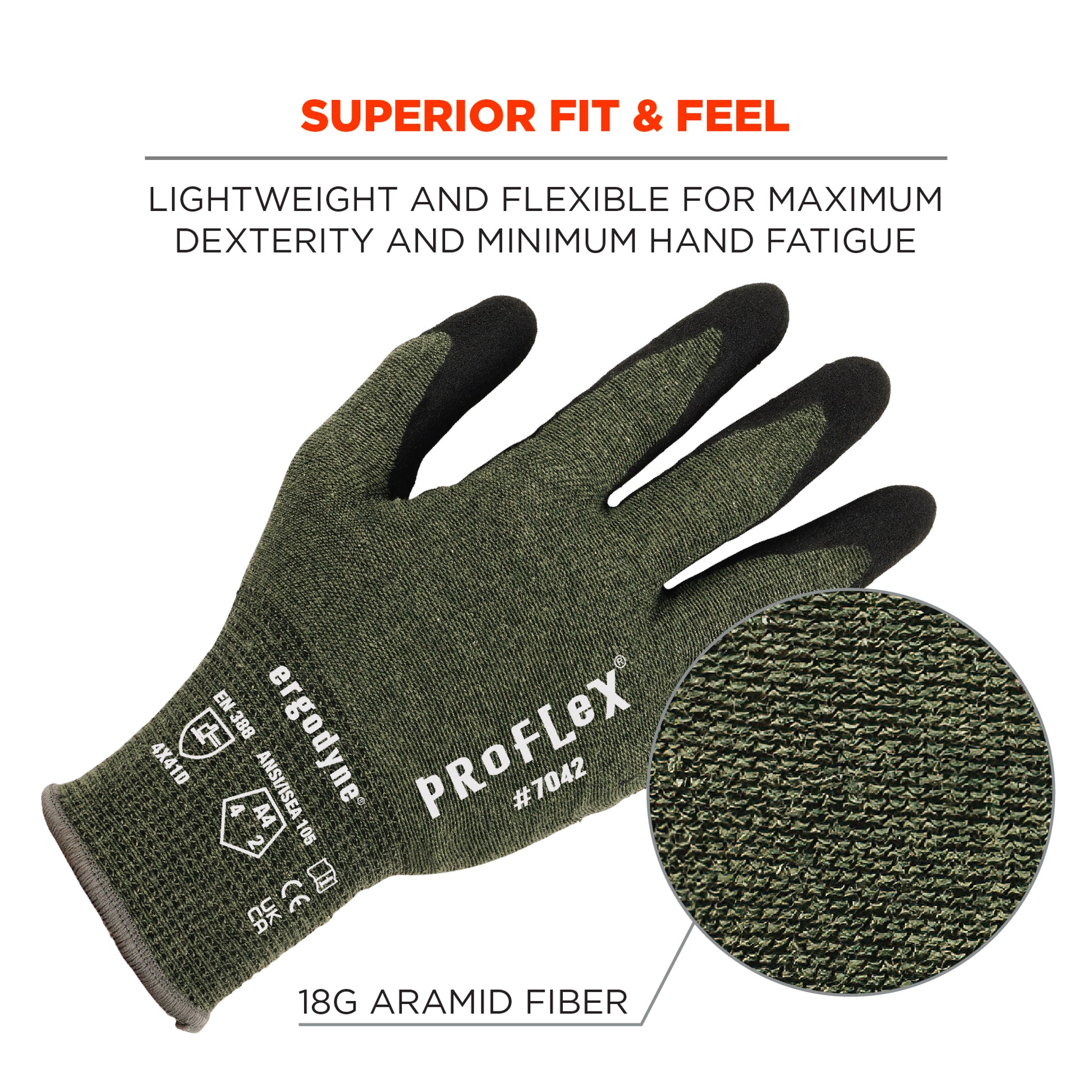 Ergodyne ProFlex 7042 Nitrile Coated Cut-Resistant Gloves - ANSI/ISEA 105-2016 A4, EN 388: 4X41D, 18g, Heat Resistant - 1-pair