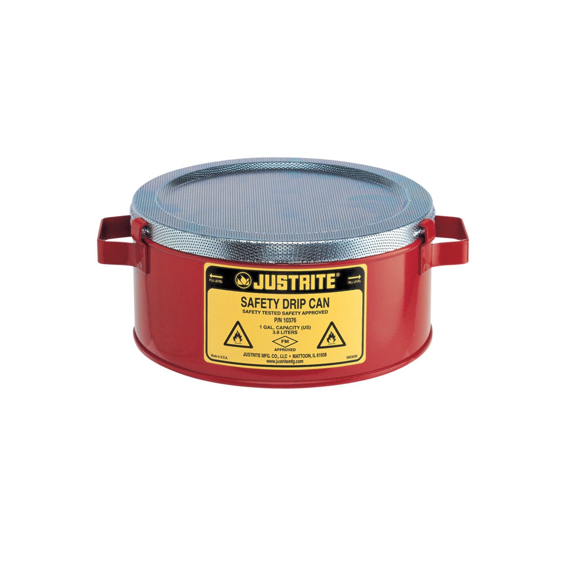 Justrite Steel Drip Can W/Handles For Portability - Spill Cap. 1-Gallon - Fire Baffle Acts As Flame Arrester - 10376