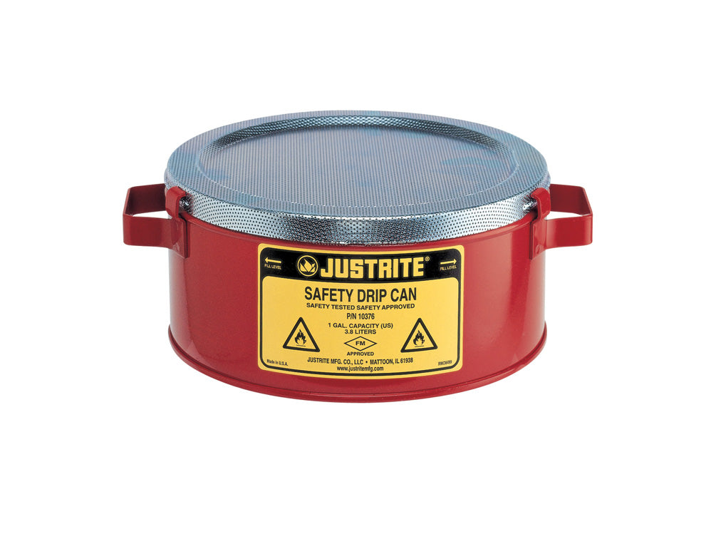 Justrite Steel Drip Can W/Handles For Portability - Spill Cap. 1-Gallon - Fire Baffle Acts As Flame Arrester - 10376
