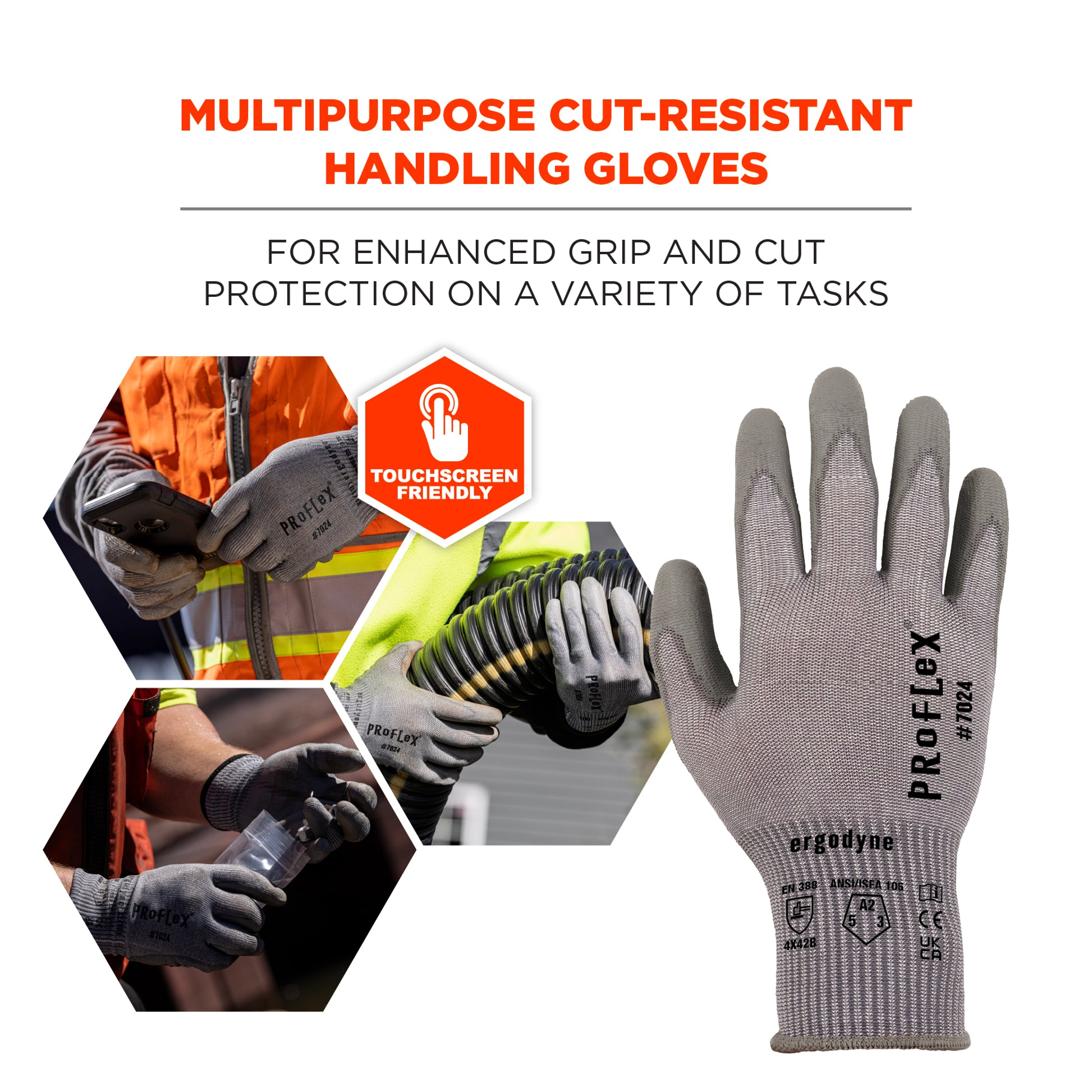 Ergodyne ProFlex 7024 PU Coated Cut-Resistant Gloves - ANSI/ISEA 105-2016 A2, EN388: 4X42B, 13g - 12-pair