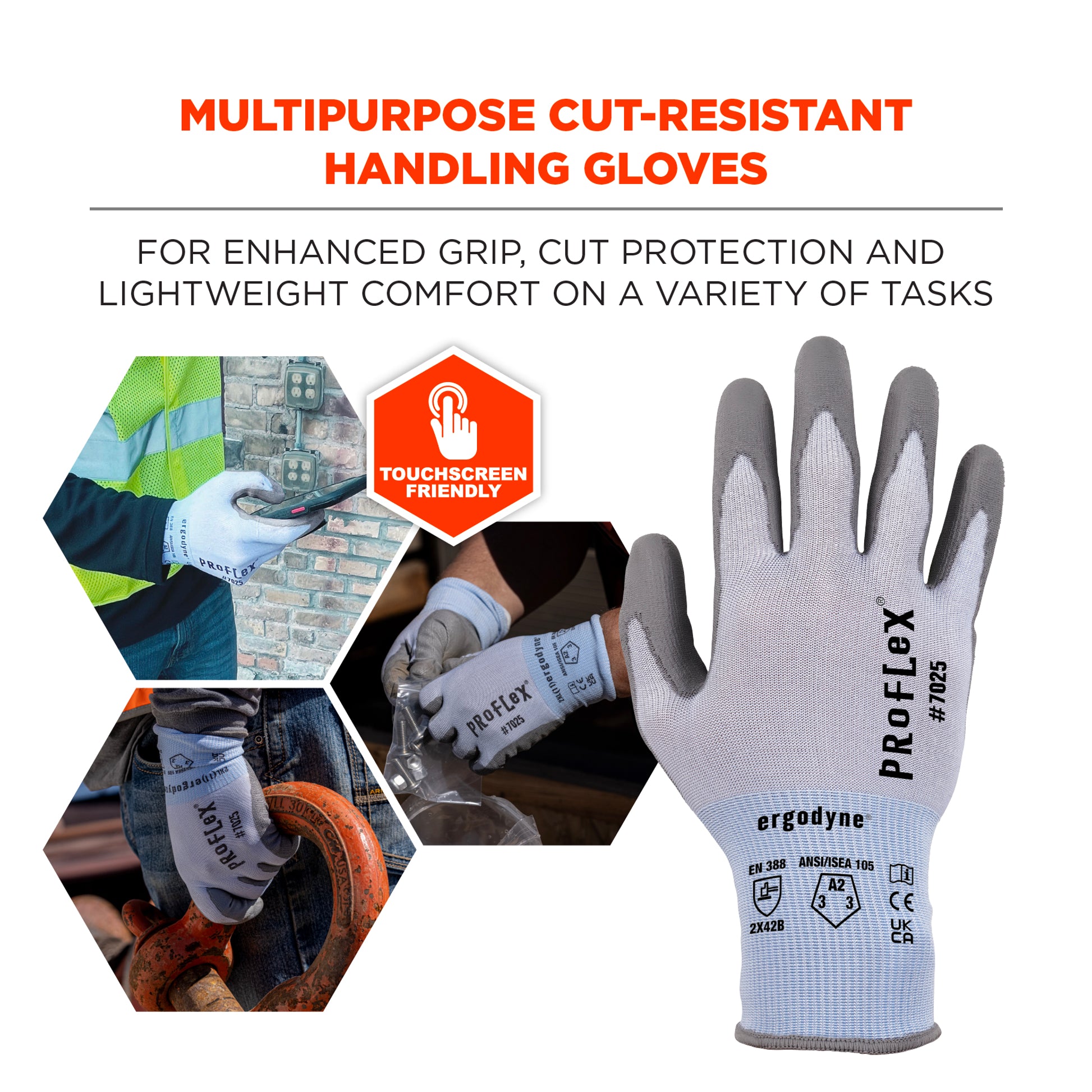 Ergodyne ProFlex 7025 PU Coated Cut-Resistant Gloves - ANSI/ISEA 105-2016 A2, EN388: 2X42B, 18g - 1-pair