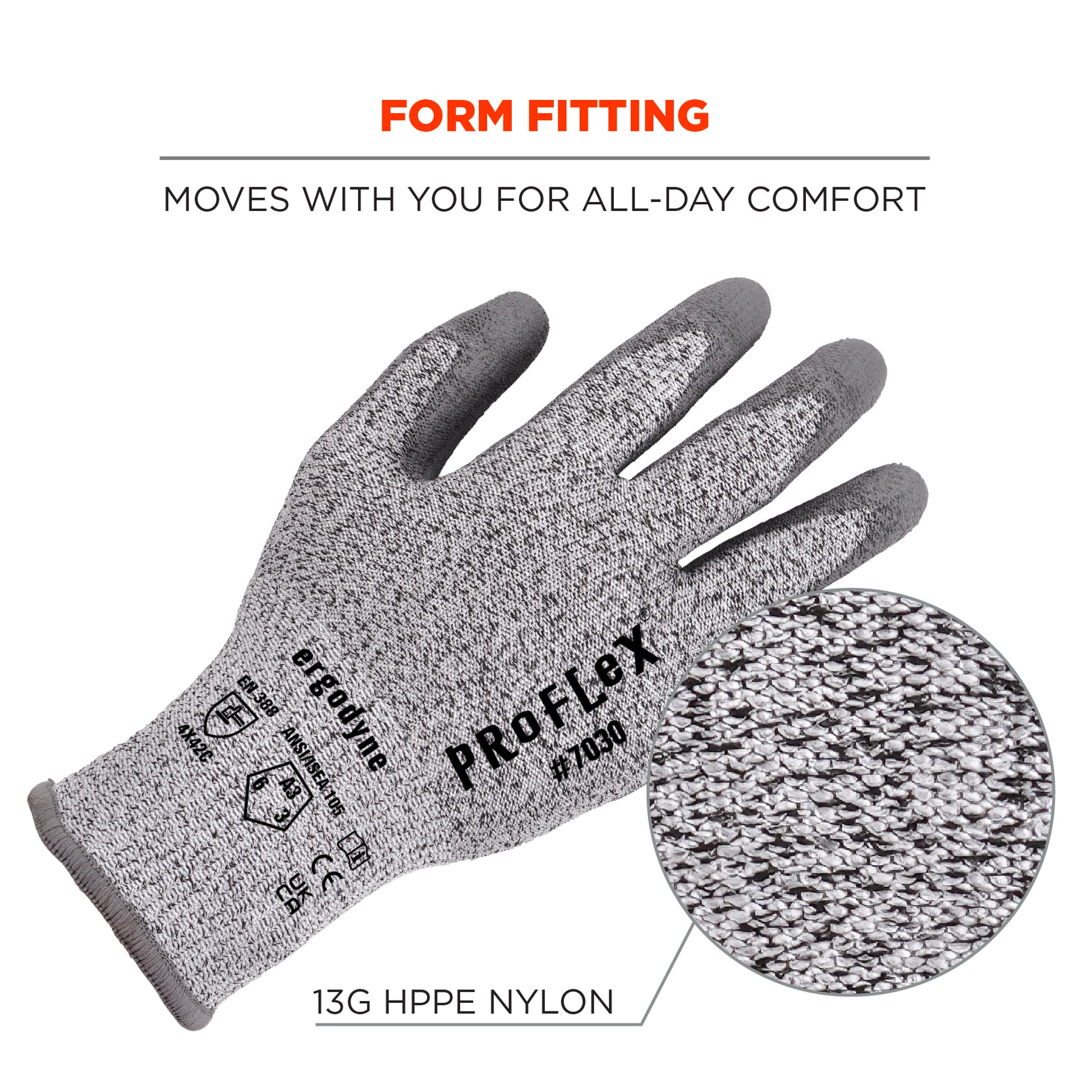 Ergodyne ProFlex 7030 PU Coated Cut-Resistant Gloves - ANSI/ISEA 105-2016 A3, EN388: 4X42C, 13g - 12-pair