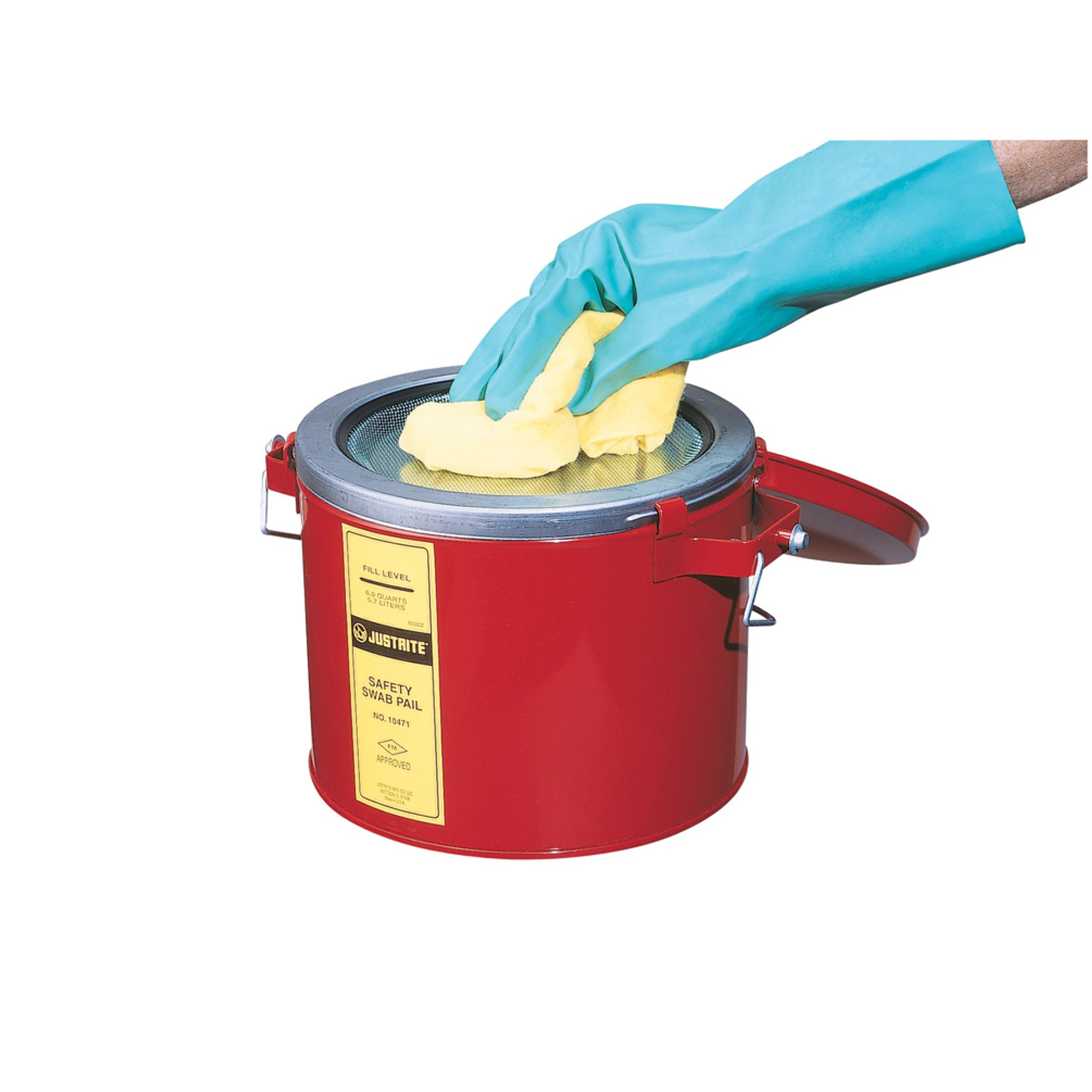 Justrite Swab Pail With Dasher Plate For Sponging Operations - 6 Quart - Hinged Cover - Steel - Red - 10471