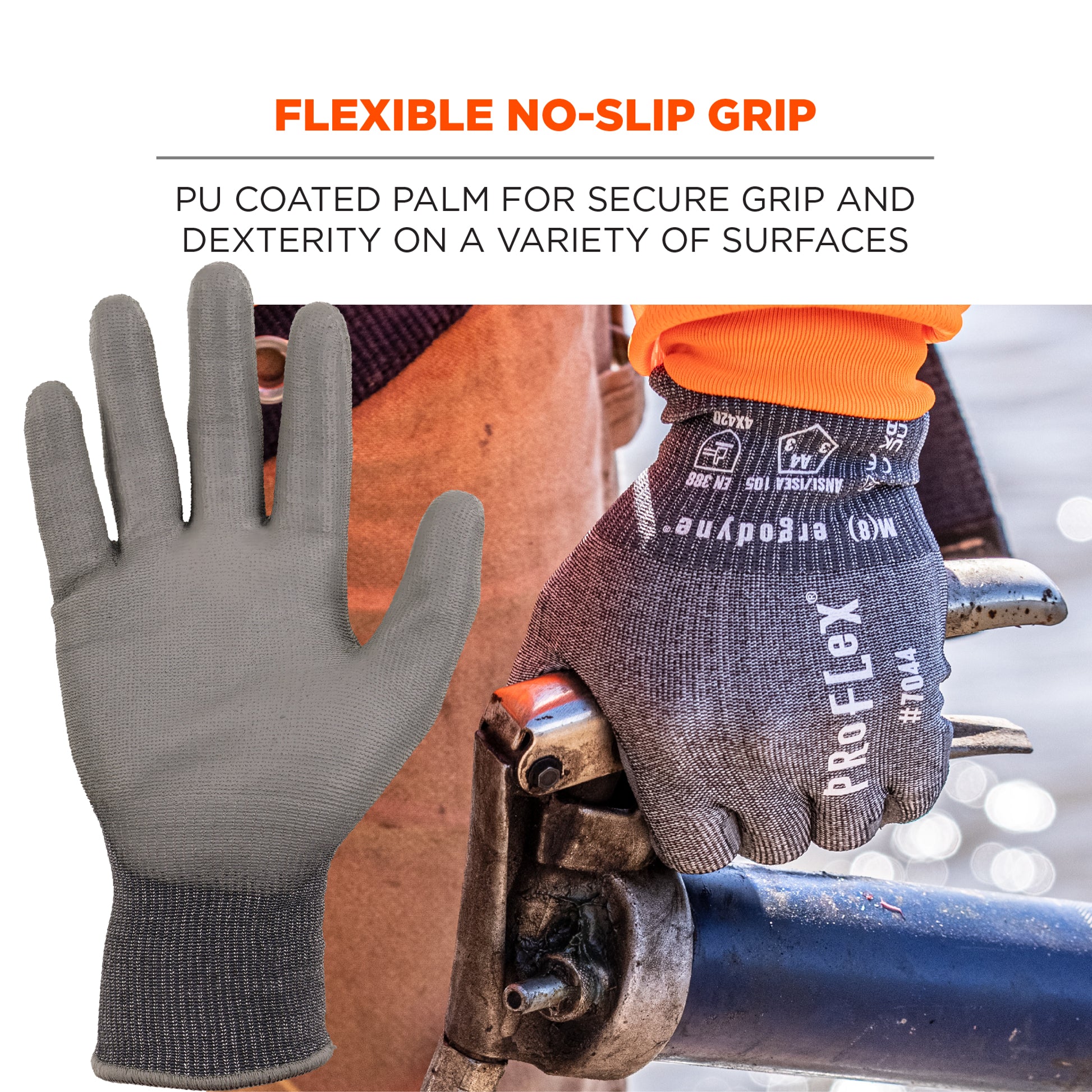 Ergodyne ProFlex 7044 PU Coated Cut-Resistant Gloves - ANSI/ISEA 105-2016 A4, EN 388: 4X42D, 18g - 1/pair