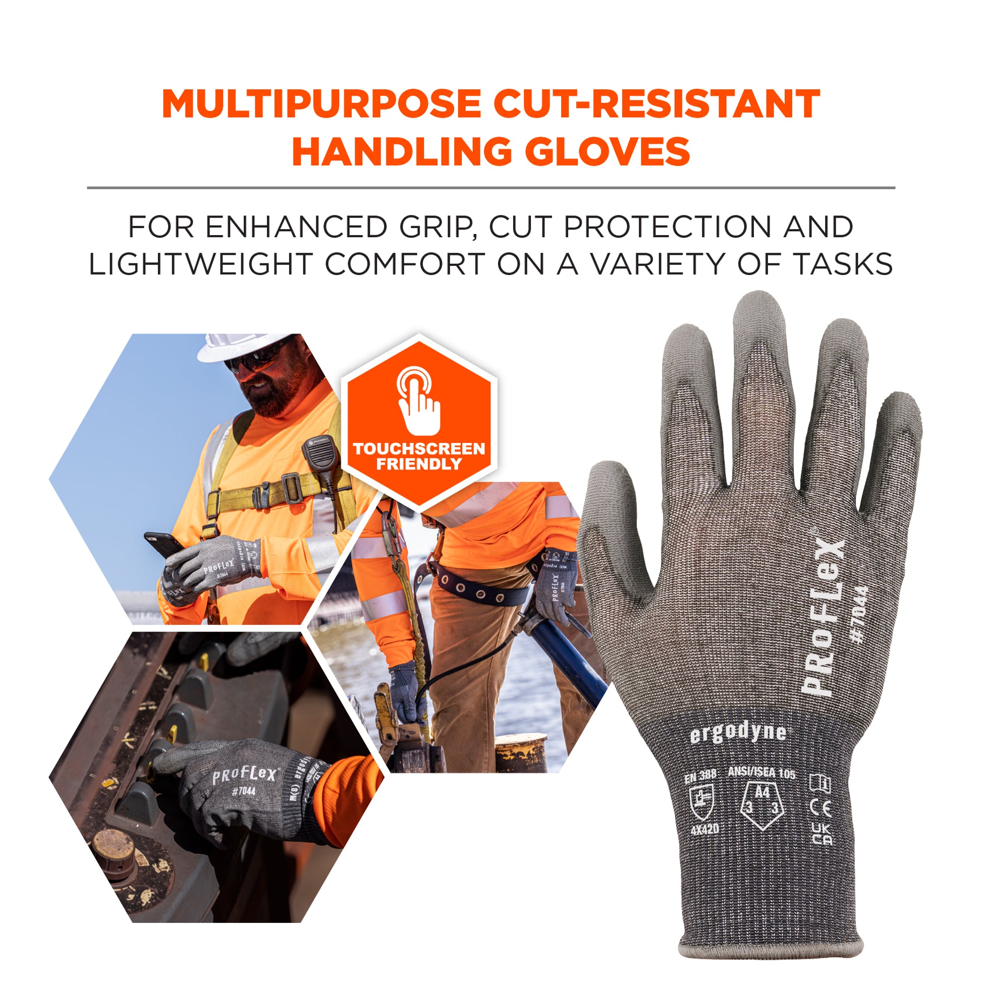 Ergodyne ProFlex 7044 PU Coated Cut-Resistant Gloves - ANSI/ISEA 105-2016 A4, EN 388: 4X42D, 18g - 1/pair