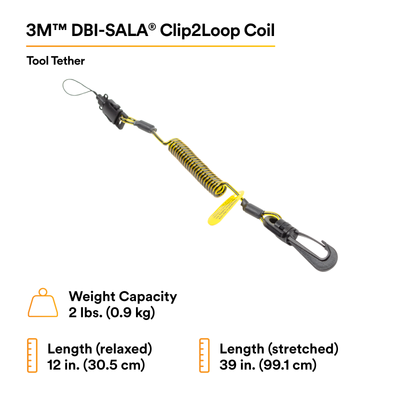 3M Clip2Loop Coil Tool Tether - 2 lb Capacity - 7 - 34 in - 10 ea/Pack - 1500060