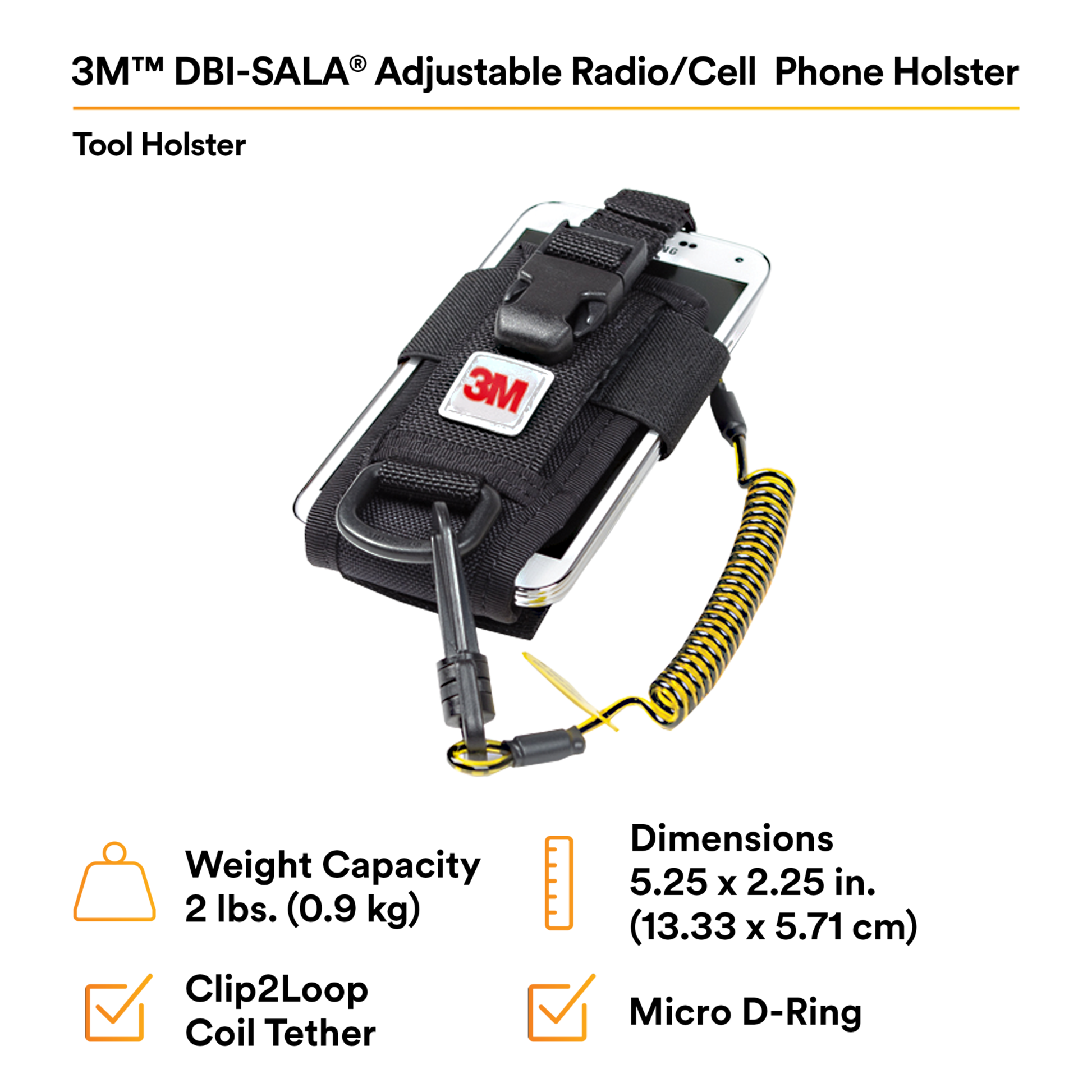 3M DBI-SALA Adjustable Radio/Cell Phone Holster - Clip2Loop Coil Tether - Micro D-Ring - 1500089