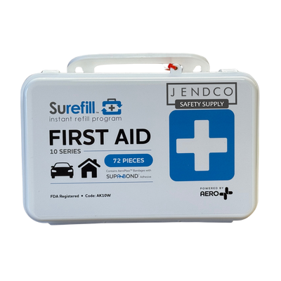 AERO SUREFILL 10 Person First Aid Kit - Weatherproof Plastic Case - w/ Jendco Logo -AK10W