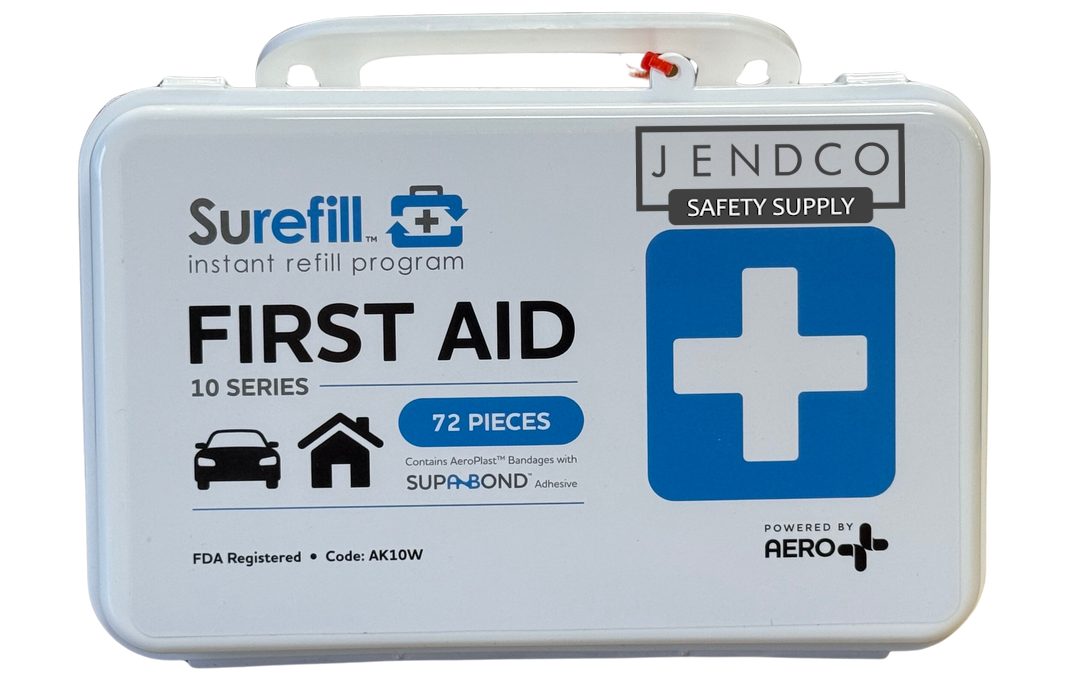 AERO SUREFILL 10 Person First Aid Kit - Weatherproof Plastic Case - w/ Jendco Logo -AK10W