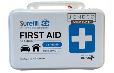 AERO SUREFILL 10 Person First Aid Kit - Weatherproof Plastic Case - w/ Jendco Logo -AK10W