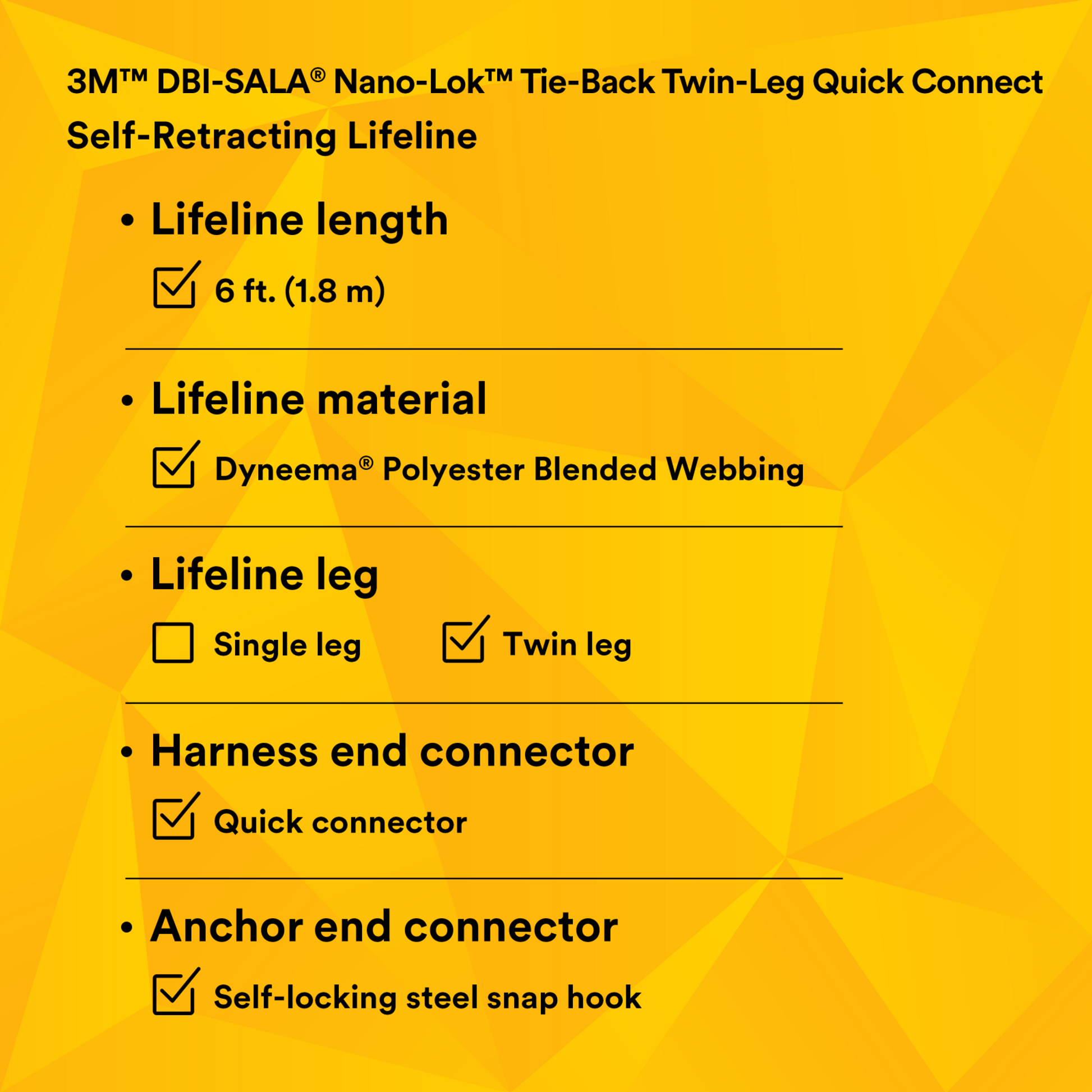 3M DBI-SALA Nano-Lok Tie-Back Twin-Leg Personal Self-Retracting Lifeline - Web - 9 ft - 3101374