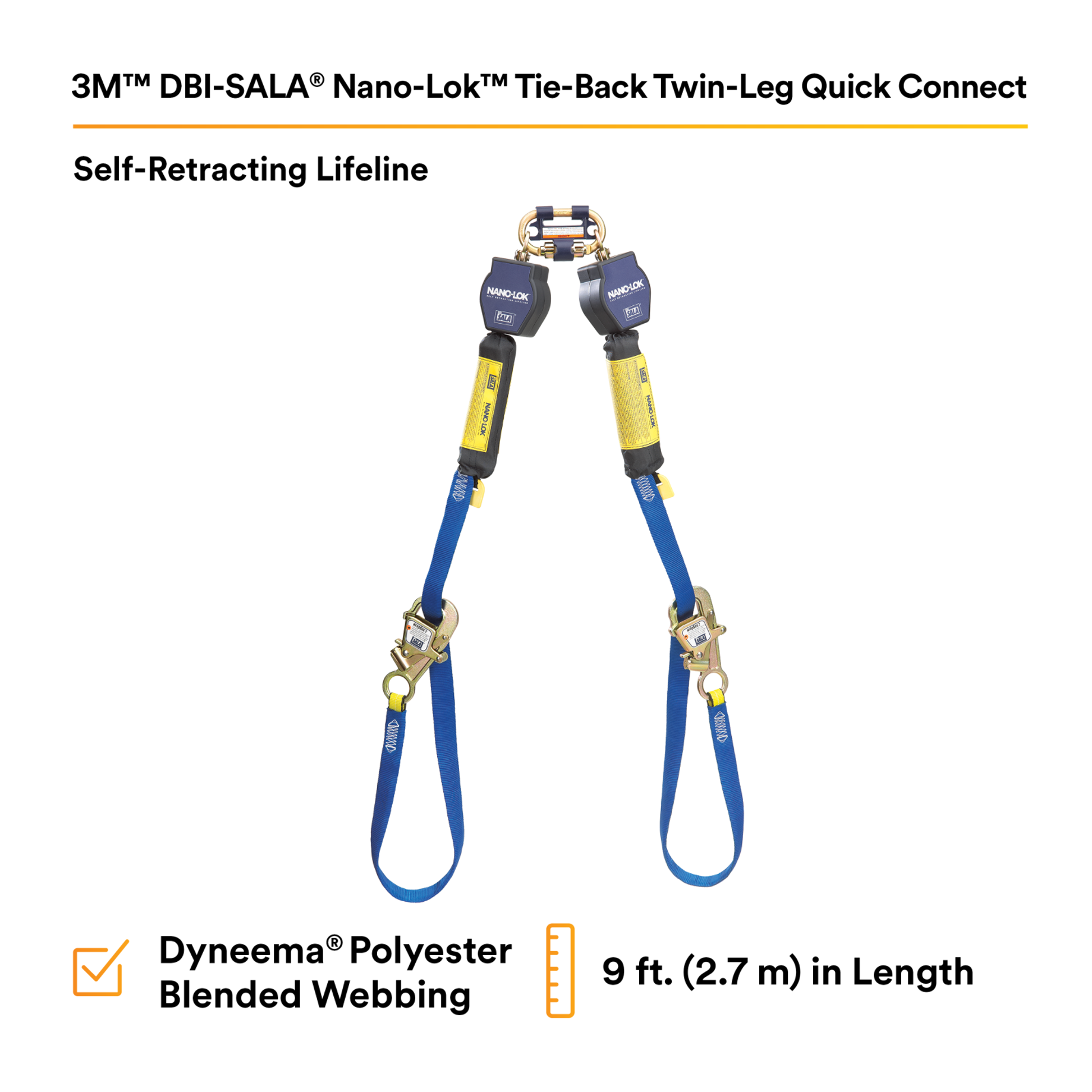 3M DBI-SALA Nano-Lok Tie-Back Twin-Leg Personal Self-Retracting Lifeline - Web - 9 ft - 3101374