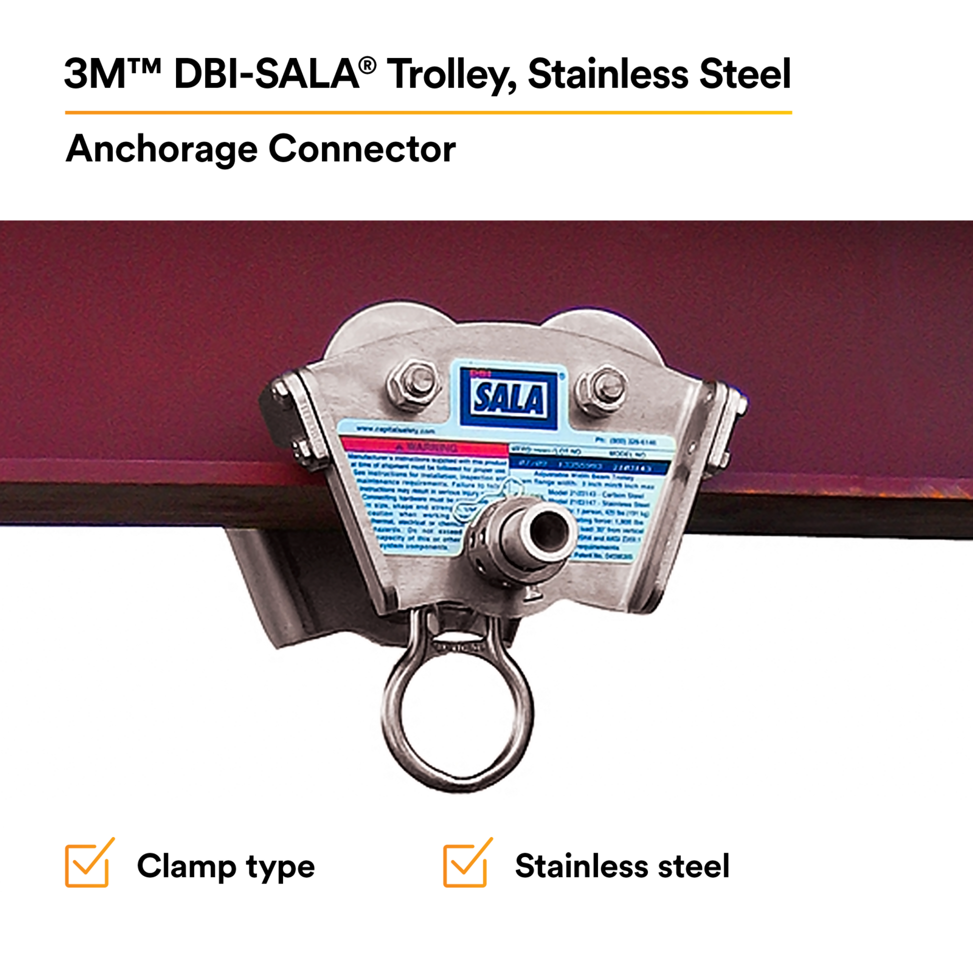 3M DBI-SALA I-Beam Trolley Anchor - Stainless Steel - Fits 3 - 8 in Wide - 11/16 in Thick - 2103147