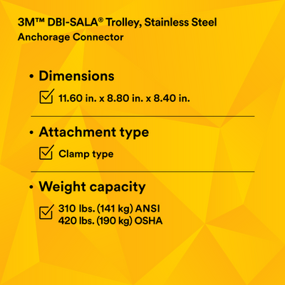 3M DBI-SALA I-Beam Trolley Anchor - Stainless Steel - Fits 3 - 8 in Wide - 11/16 in Thick - 2103147