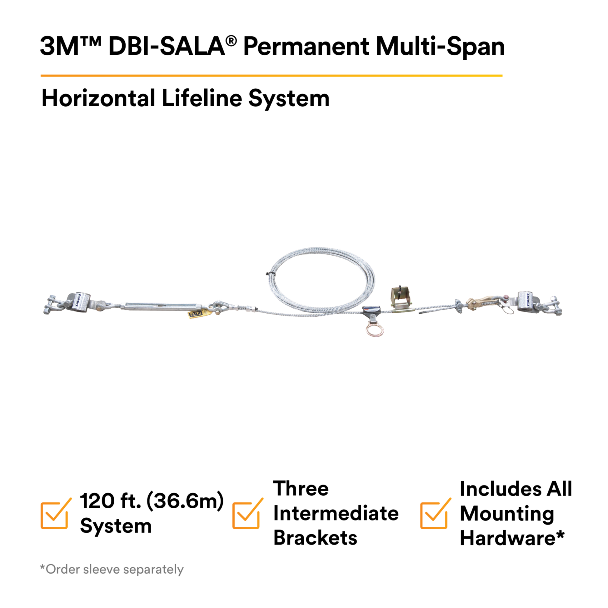 3M DBI-SALA Permanent Multi-Span Horizontal Lifeline System - Galvanized Cable - 120 ft. - 7603120
