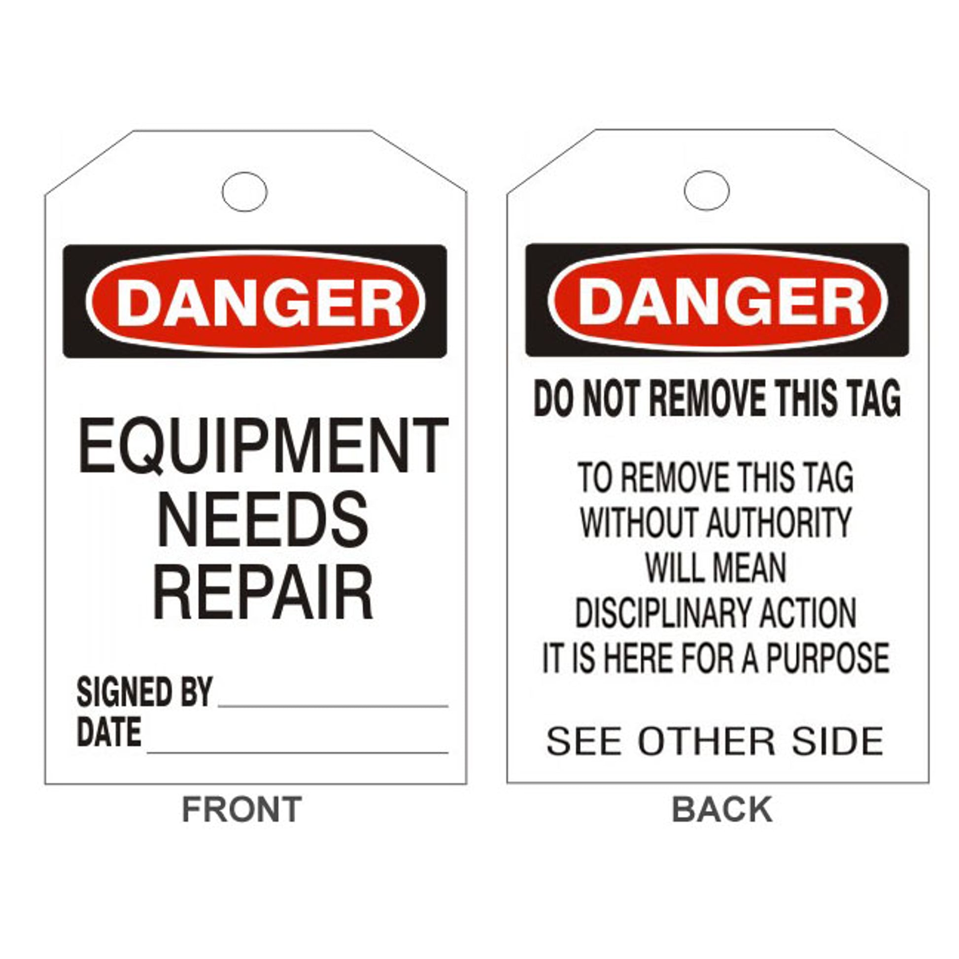 DANGER EQUIPMENT NEEDS REPAIR TAGS - BACK 2 - DANGER EQUIPMENT NEEDS REPAIR TAGS - BACK 2, 6.125X3, Rigid Vinyl