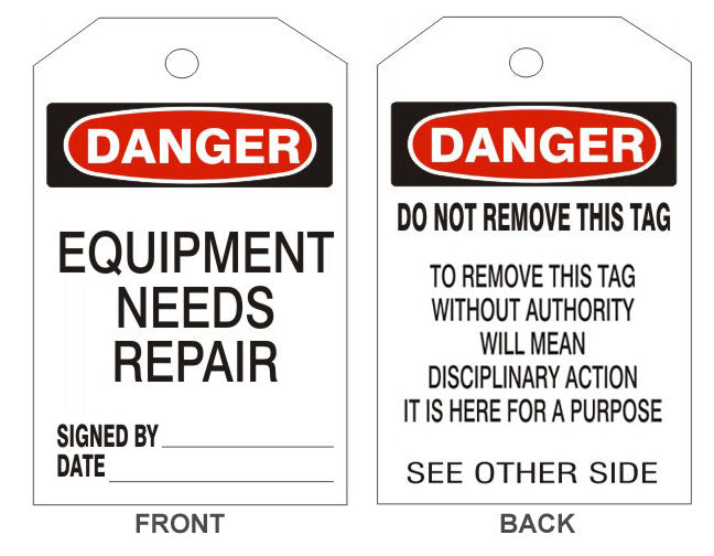 DANGER EQUIPMENT NEEDS REPAIR TAGS - BACK 2 - DANGER EQUIPMENT NEEDS REPAIR TAGS - BACK 2, 6.125X3, Rigid Vinyl
