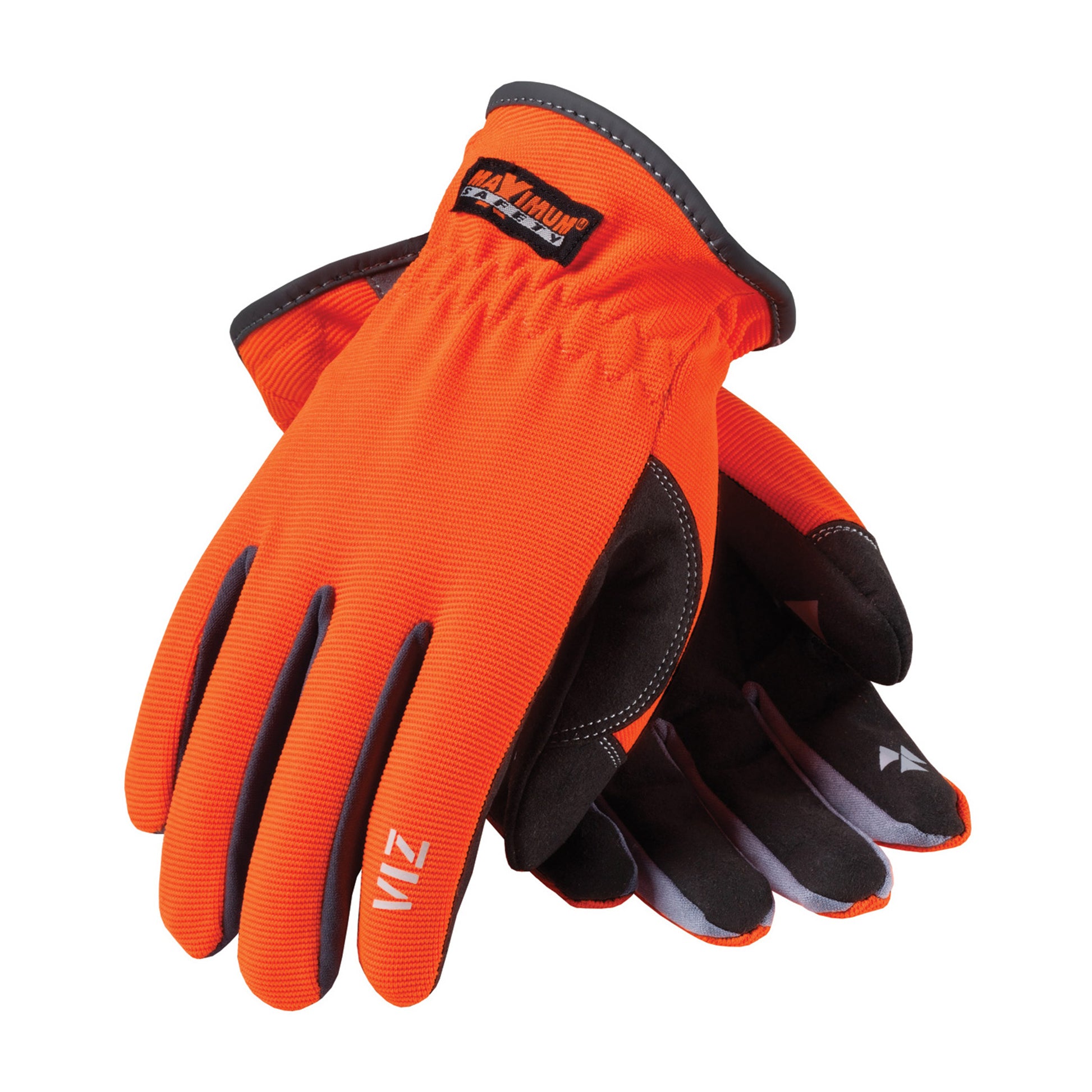 Maximum Safety Synthetic Leather Palm & Hi-Vis Fabric Back - PVC Grip on Index Finger/Thumb - Orange - 12/PR - 120-4600