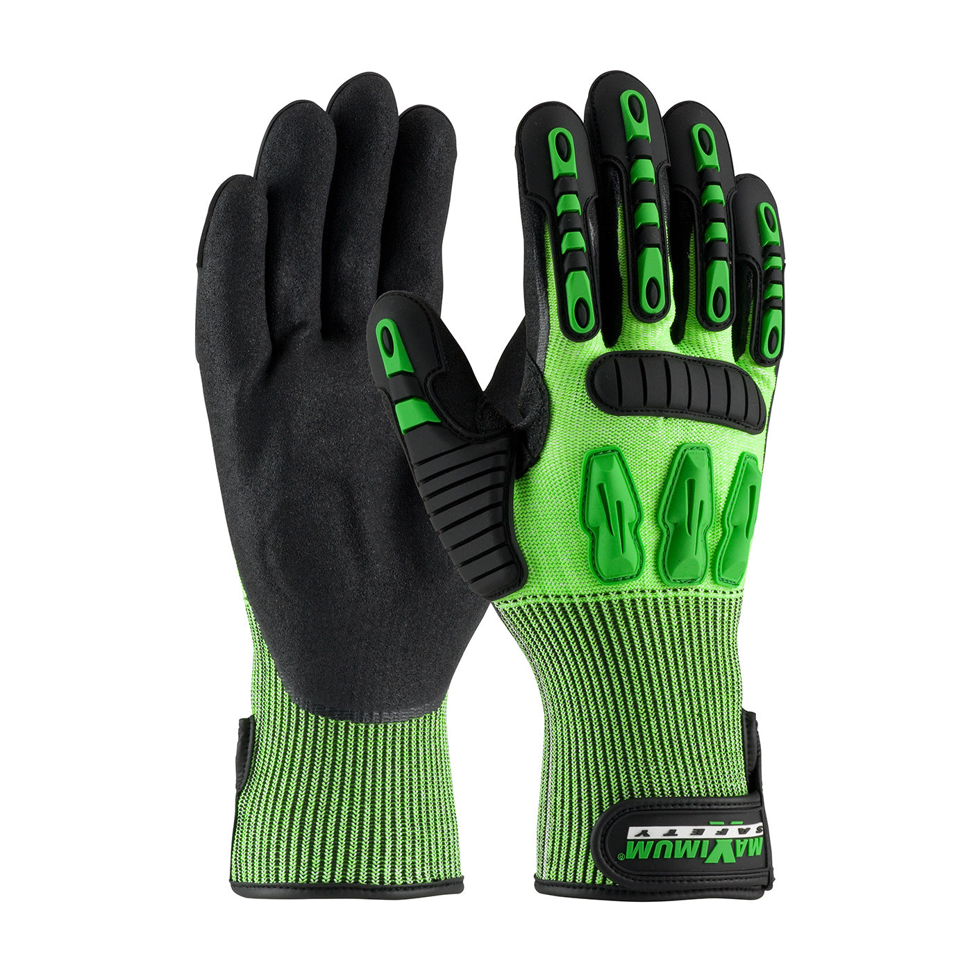 Maximum Safety TuffMax3 Seamless Knit HPPE Blend w/Nitrile Grip & TPR Impact Protection - Hi-Vis Green - 12/PR - 120-5130