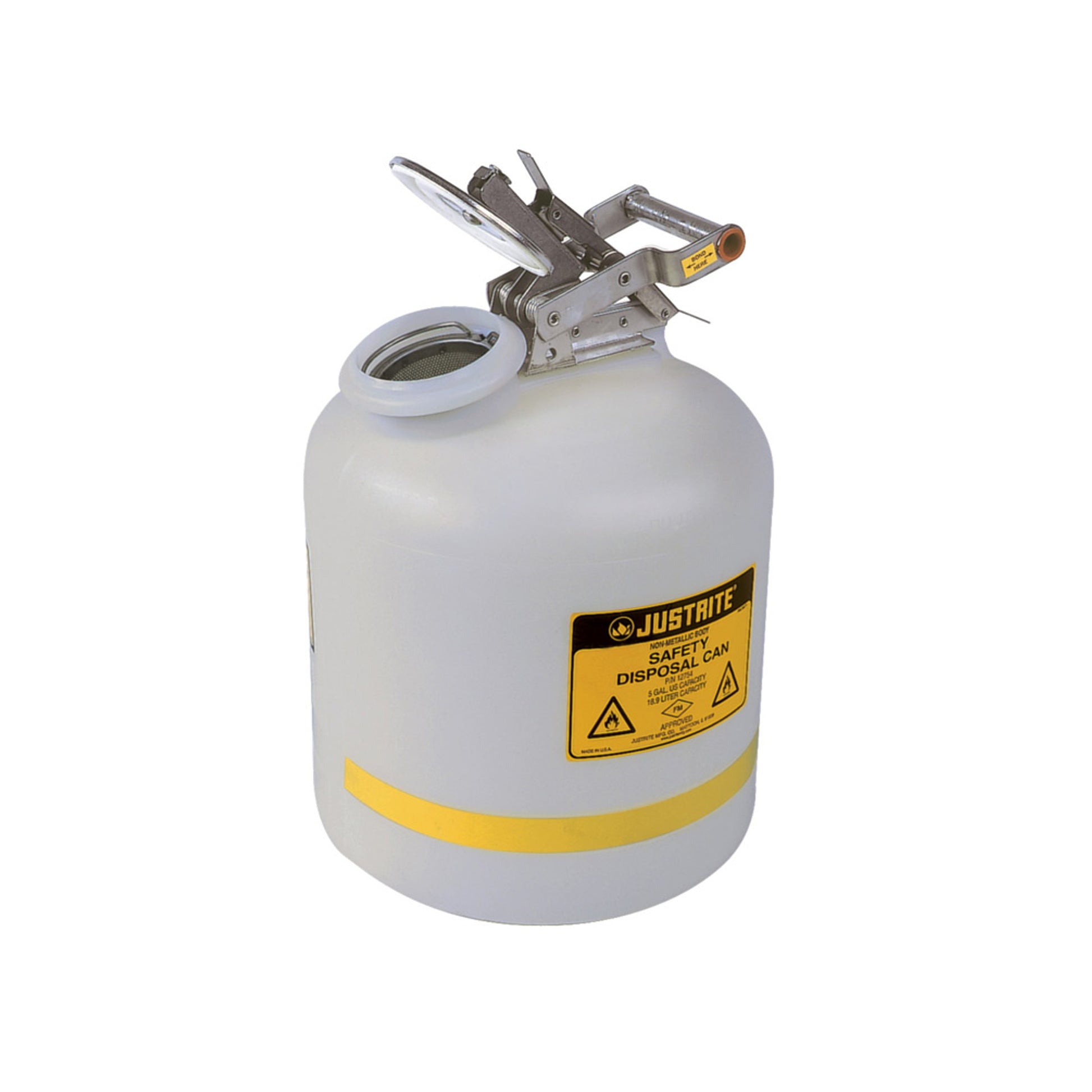 Justrite Safety Can For Liquid Disposal - S/S Hardware - 5 Gallon - Flame Arrester - Polyethylene - White - 12754