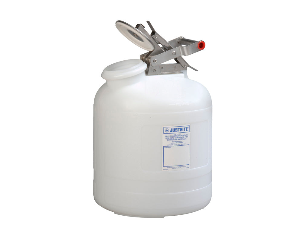 Justrite Safety Container For Corrosives/Acids - Wide-Mouth - S/S Hardware - 5 Gal. - Self-Close Cap - Poly - White - 12765