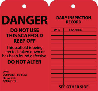 Tags - Scaffold Inspection - Red - 6X3 - Cardstock With Grommet - Pack of 25 - SPT1