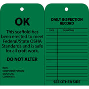 TAGS, SCAFFOLD INSPECTION, GREEN, 6X3, CARDSTOCK WITH GROMMET, 25/PK