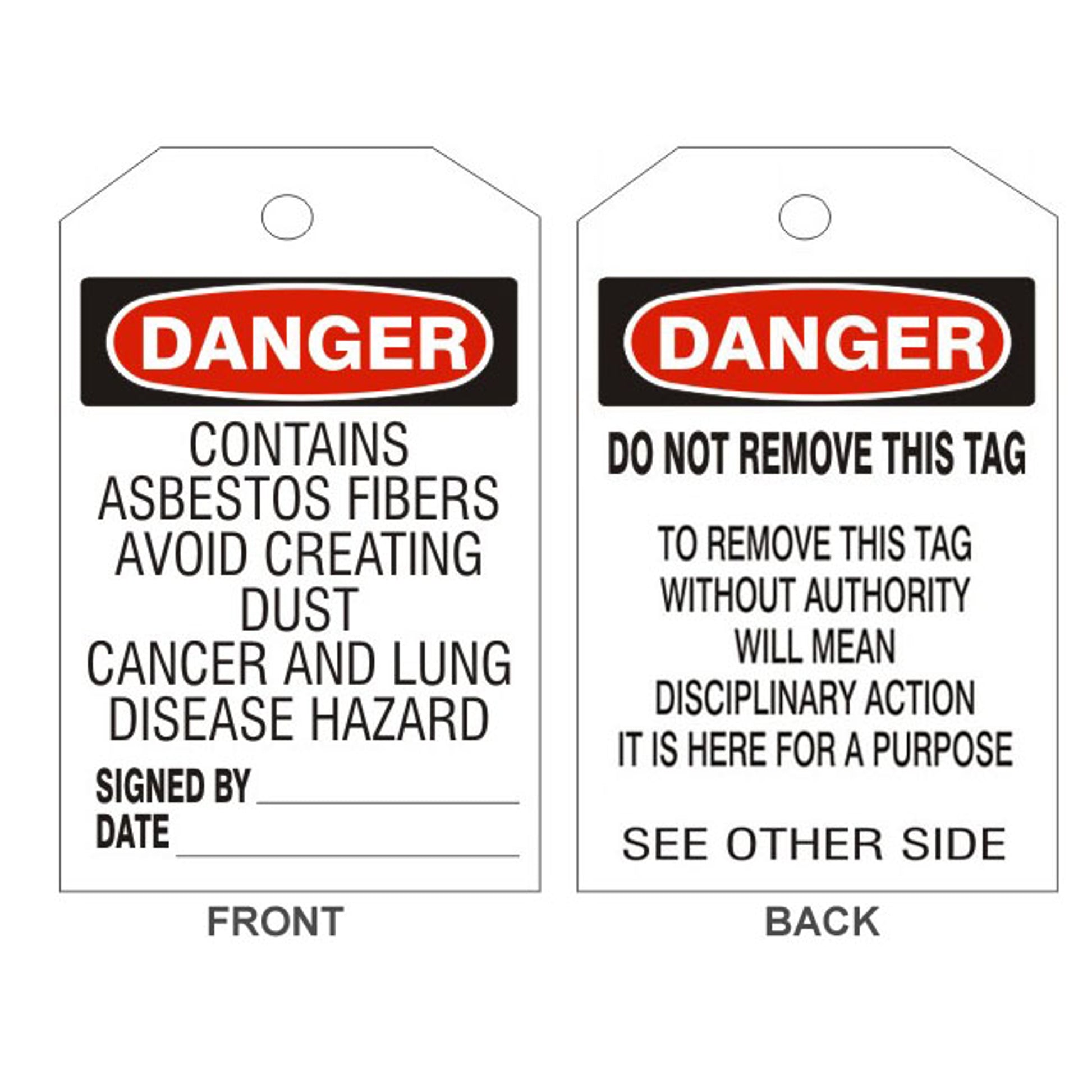 DANGER CONTAINS ASBESTOS FIBERS TAG - BACK 2 - DANGER CONTAINS ASBESTOS FIBERS TAG - BACK 2, 6.125X3, Rigid Vinyl
