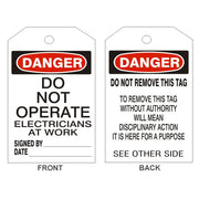 DANGER DO NOT OPERATE ELECTRICIANS TAGS - BACK 2 - DANGER DO NOT OPERATE ELECTRICIANS TAGS - BACK 2, 6.125X3, Rigid Vinyl