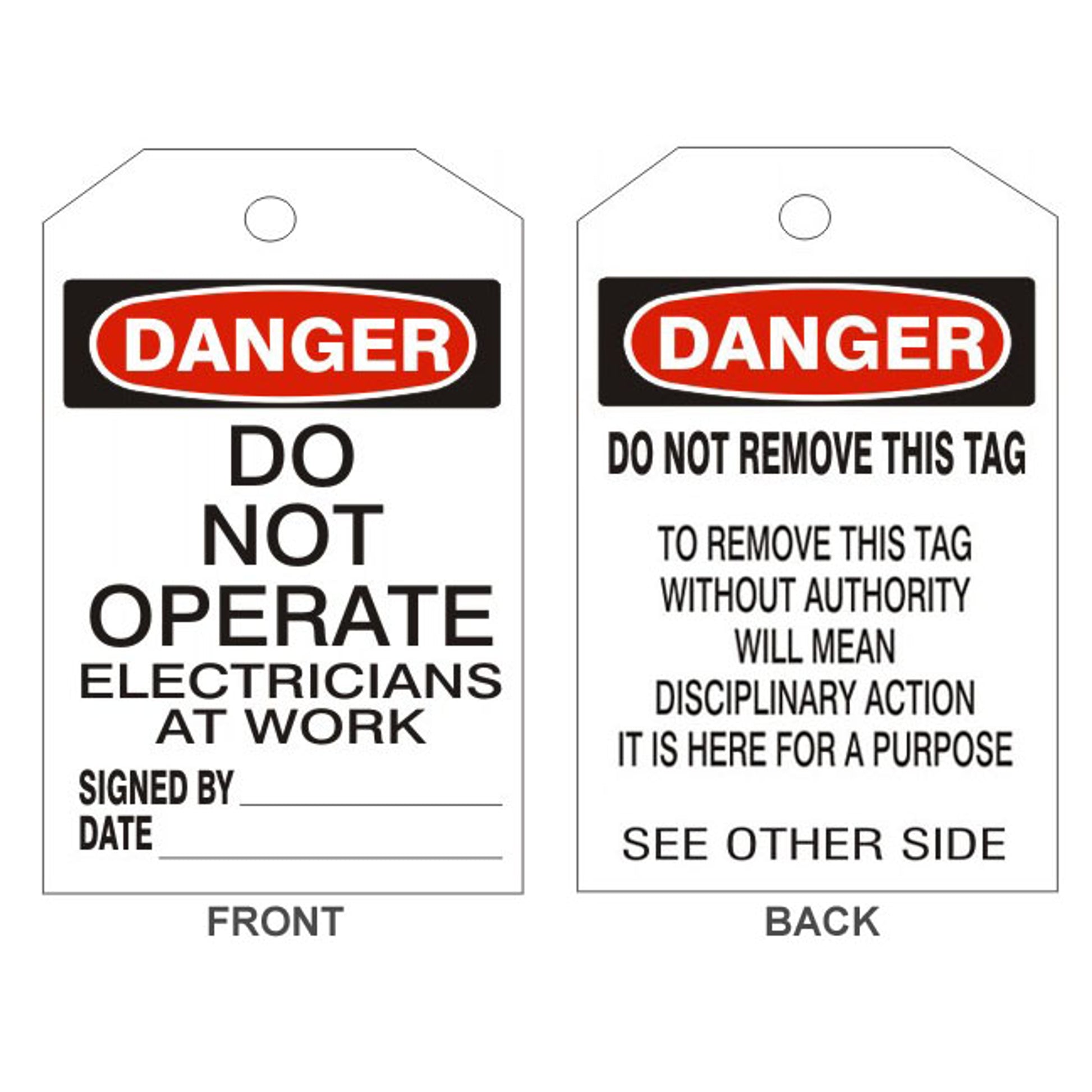 DANGER DO NOT OPERATE ELECTRICIANS TAGS - BACK 2 - DANGER DO NOT OPERATE ELECTRICIANS TAGS - BACK 2, 6.125X3, Rigid Vinyl