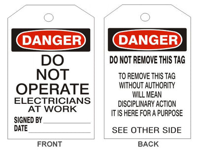 DANGER DO NOT OPERATE ELECTRICIANS TAGS - BACK 2