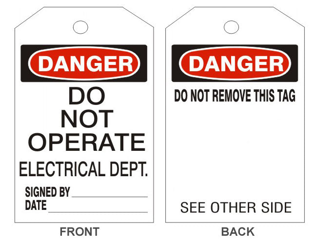 DANGER DO NOT OPERATE ELECTRICAL DEPT TAGS - BACK 1 - DANGER DO NOT OPERATE ELECTRICAL DEPT TAGS - BACK 1, 6.125X3, Rigid Vinyl