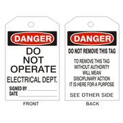 DANGER DO NOT OPERATE ELECTRICAL DEPT TAGS - BACK 2 - DANGER DO NOT OPERATE ELECTRICAL DEPT TAGS - BACK 2, 6.125X3, Rigid Vinyl