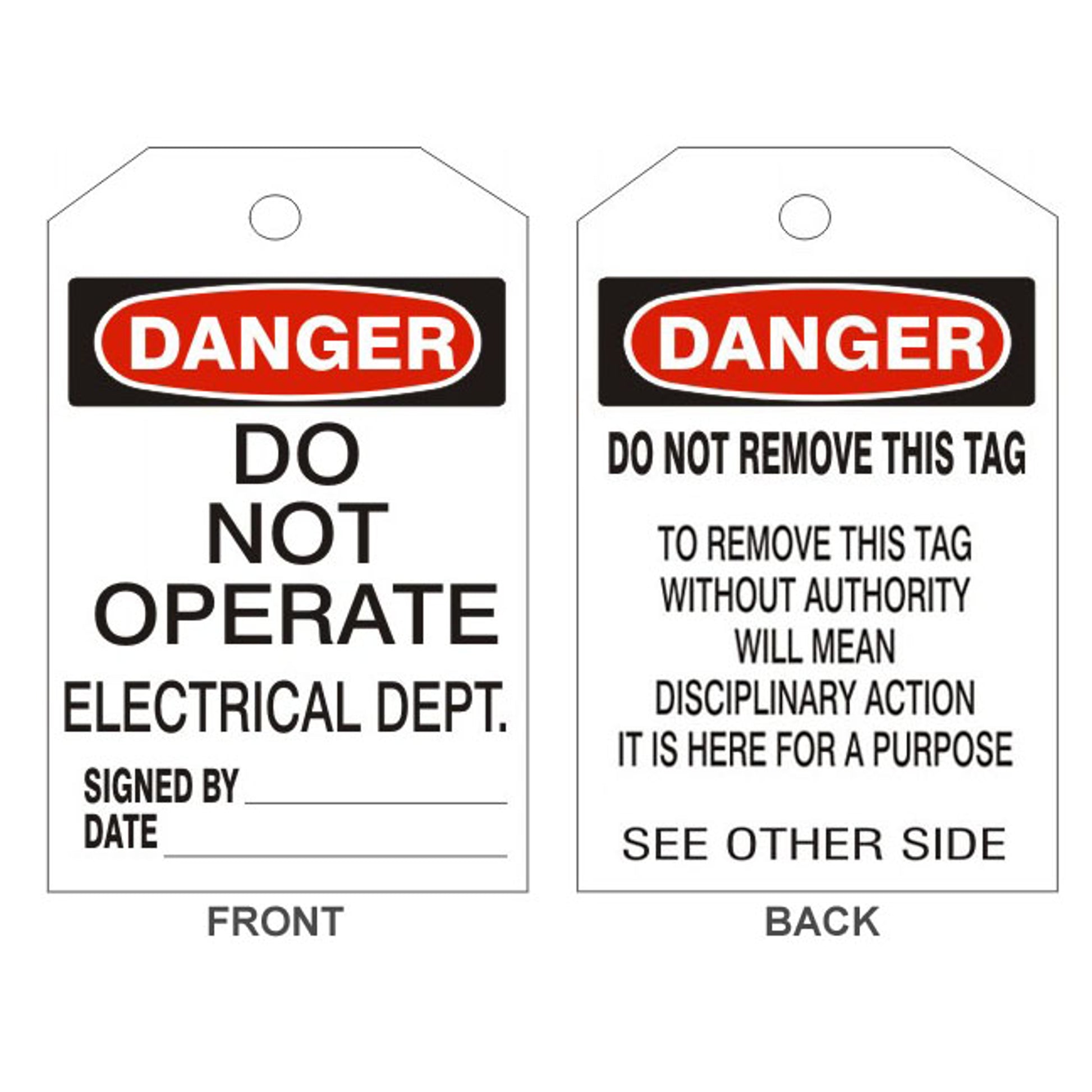 DANGER DO NOT OPERATE ELECTRICAL DEPT TAGS - BACK 2 - DANGER DO NOT OPERATE ELECTRICAL DEPT TAGS - BACK 2, 6.125X3, Rigid Vinyl