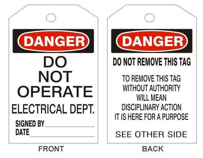 DANGER DO NOT OPERATE ELECTRICAL DEPT TAGS - BACK 2 - DANGER DO NOT OPERATE ELECTRICAL DEPT TAGS - BACK 2, 6.125X3, Rigid Vinyl