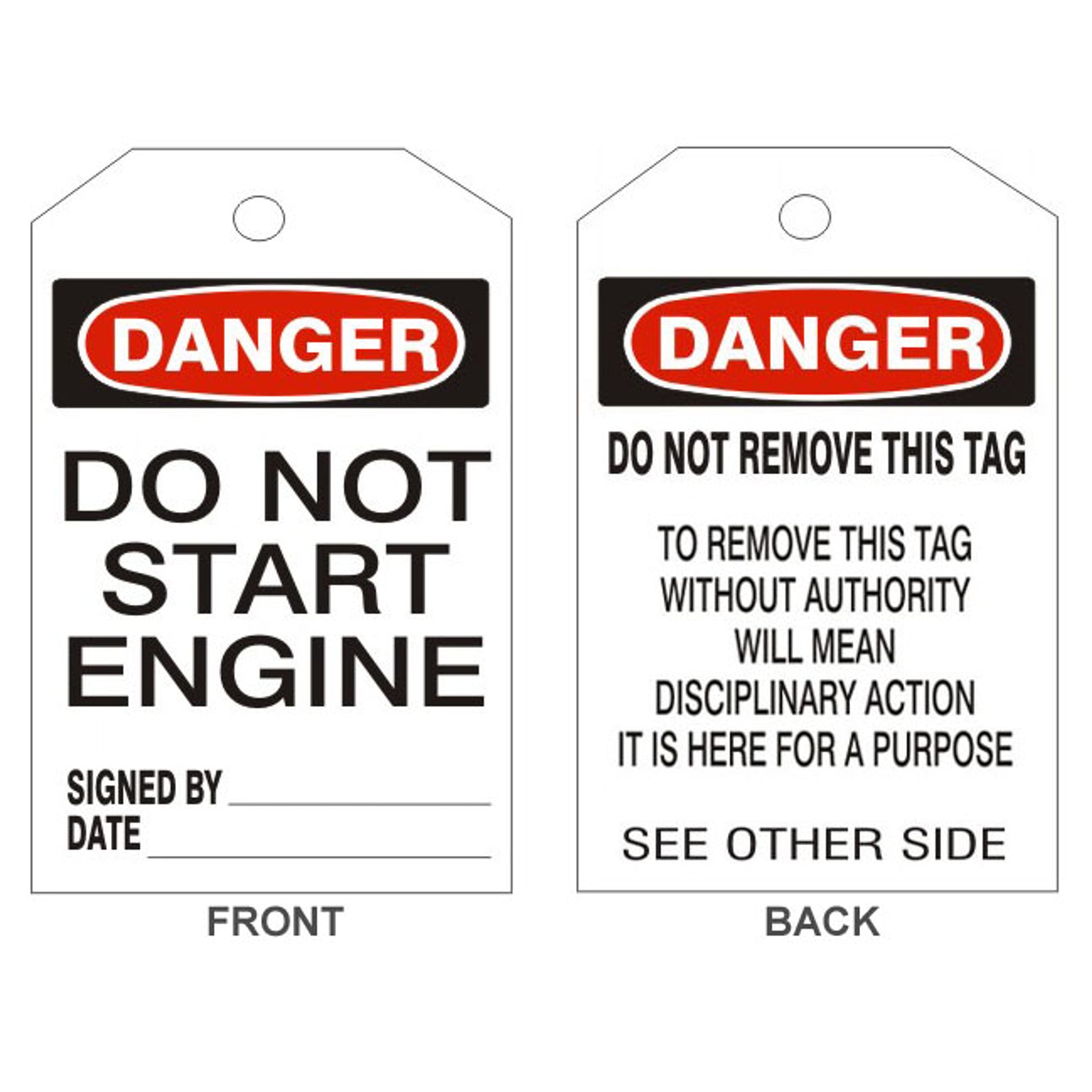 DANGER DO NOT START ENGINE TAGS - BACK 2 - DANGER DO NOT START ENGINE TAGS - BACK 2, 6.125X3, Rigid Vinyl