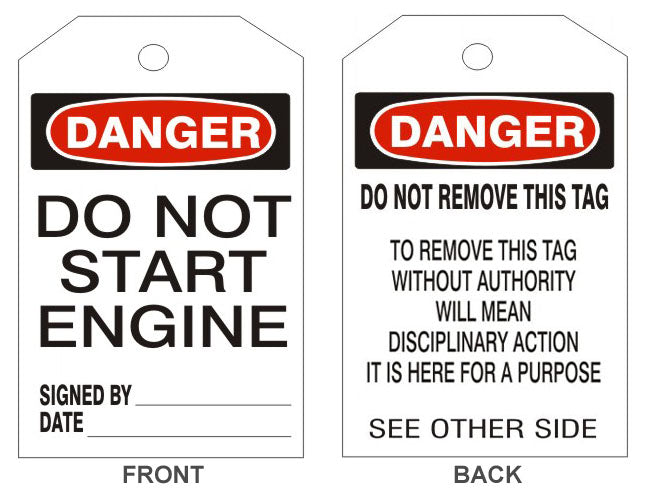 DANGER DO NOT START ENGINE TAGS - BACK 2 - DANGER DO NOT START ENGINE TAGS - BACK 2, 6.125X3, Rigid Vinyl