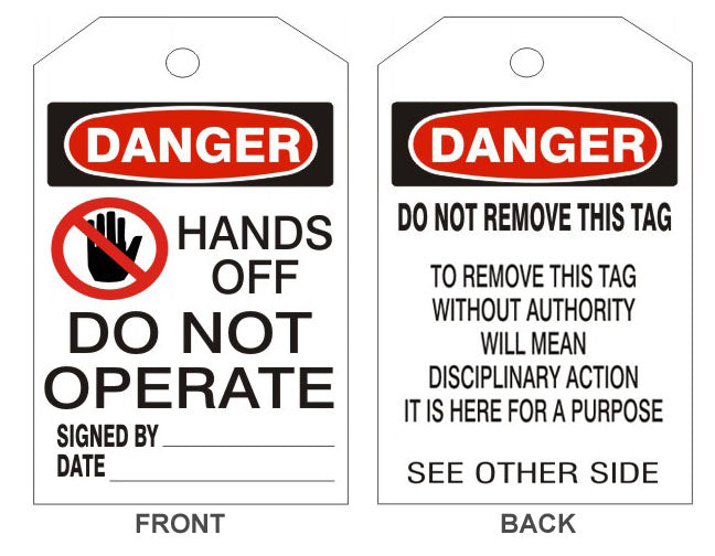 DANGER HANDS OFF DO NOT OPERATE PICTO TAGS - BACK 2 - DANGER HANDS OFF DO NOT OPERATE PICTO TAGS - BACK 2, 6.125X3, Rigid Vinyl