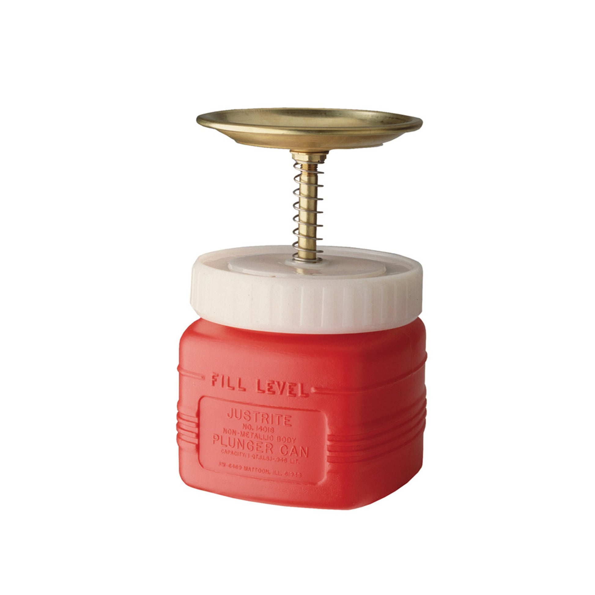 Justrite Plunger Dispensing Can - Nonmetallic - Perforated Screen Serving As Flame Arrester - 1 Qt. - Poly - Red - 14018