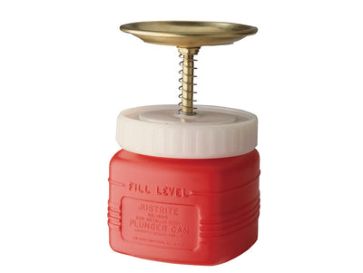 Justrite Plunger Dispensing Can - Nonmetallic - Perforated Screen Serving As Flame Arrester - 1 Qt. - Poly - Red - 14018