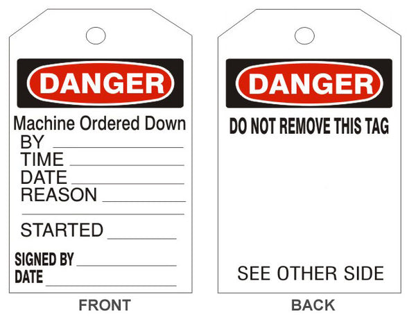 DANGER MACHINE ORDERED DOWN TAGS - BACK 1