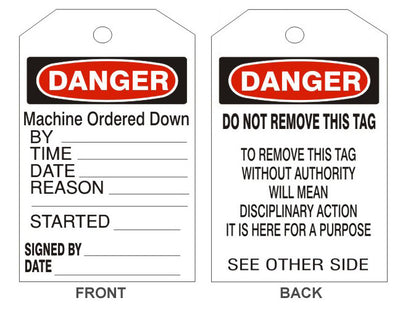 MACHINE ORDERED DOWN BY___ TIME ___ REASON ___ STARTED___ SIGNED BY___ DATE