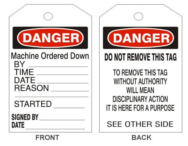 MACHINE ORDERED DOWN BY___ TIME ___ REASON ___ STARTED___ SIGNED BY___ DATE