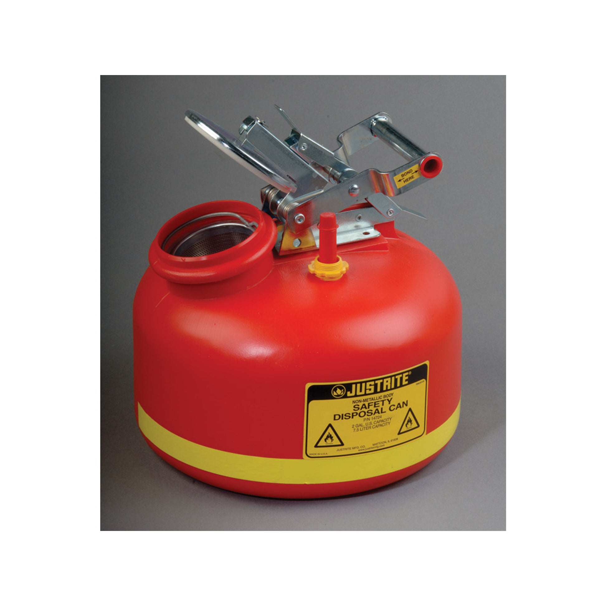 Justrite Safety Can For Liquid Disposal - S/S Hardware - 2 Gal - Built-In Fill Guage - Flame Arrester - Poly - Red - 14265
