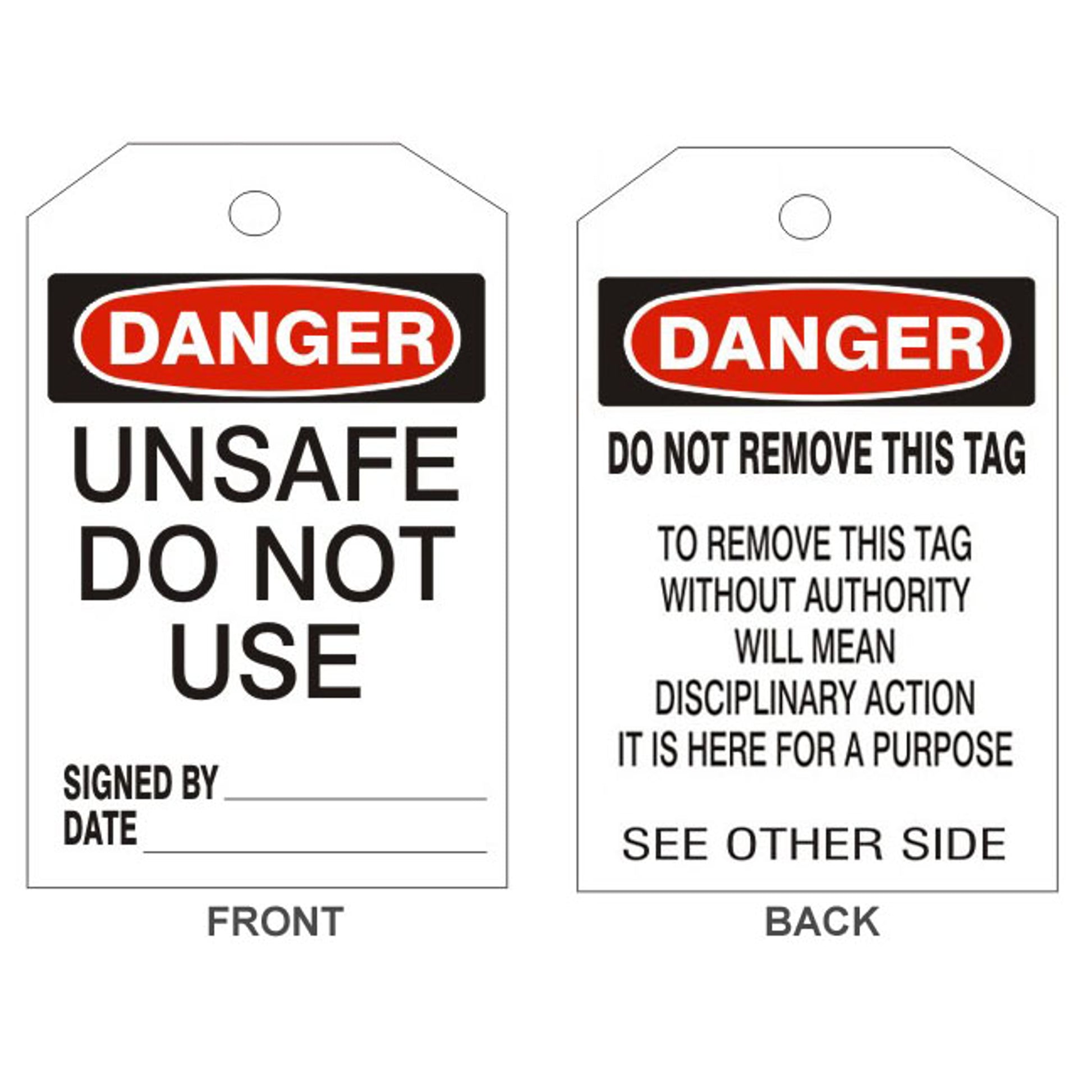 DANGER UNSAFE DO NOT USE TAGS - BACK 2 - DANGER UNSAFE DO NOT USE TAGS - BACK 2, 6.125X3, Rigid Vinyl